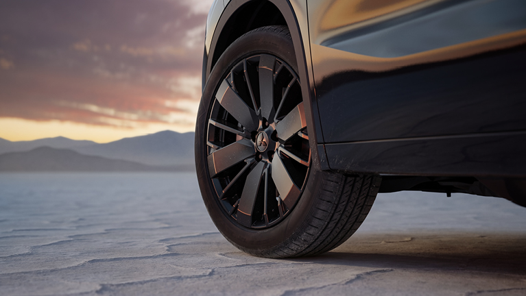 Detailansicht der Leichtmetallfelge am Mitsubishi Outlander Black vor Bergpanorama